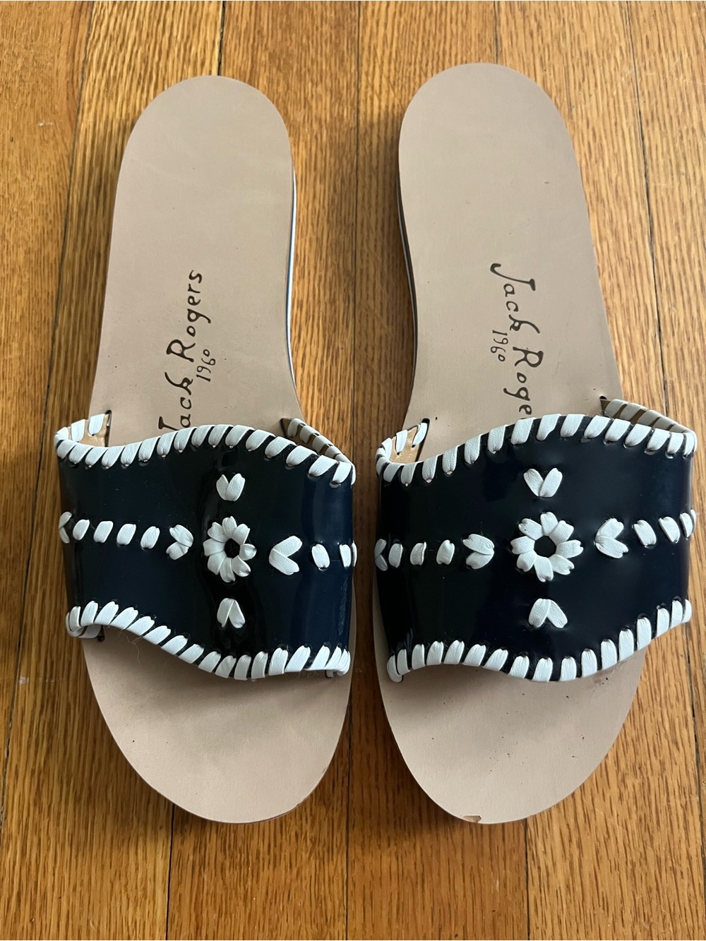 Jack Rogers Navy and White Leather Slide Sandals